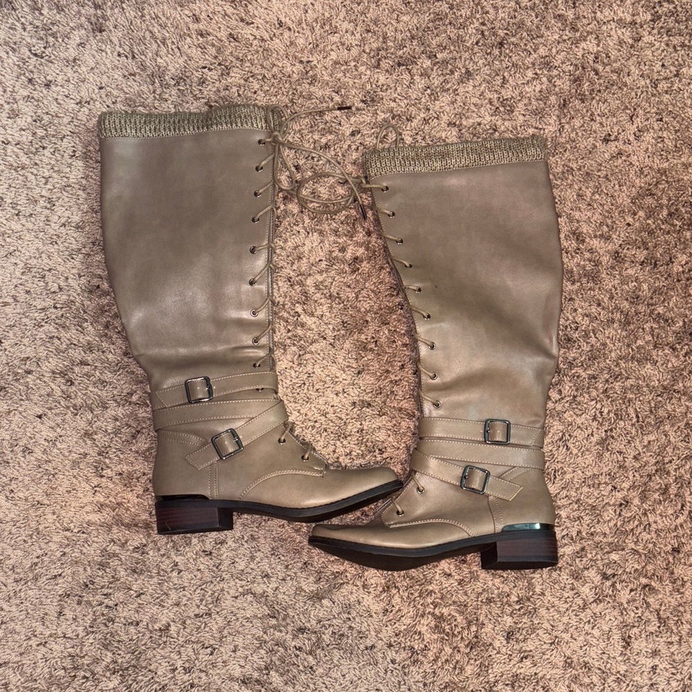 ✨ New Shoe Dazzle Taupe Knee-High Lace-Up Boots w/ Buckles | Y2K Vibes ✨